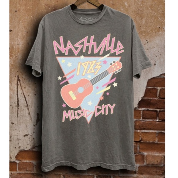 Tops - Stone Gray Mineral Wash Nashville 1983 Music City Graphic Oversized Relaxed Tee